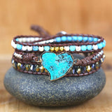 Natural Stones Heart Shape Charm Leather Wrap Bracelet