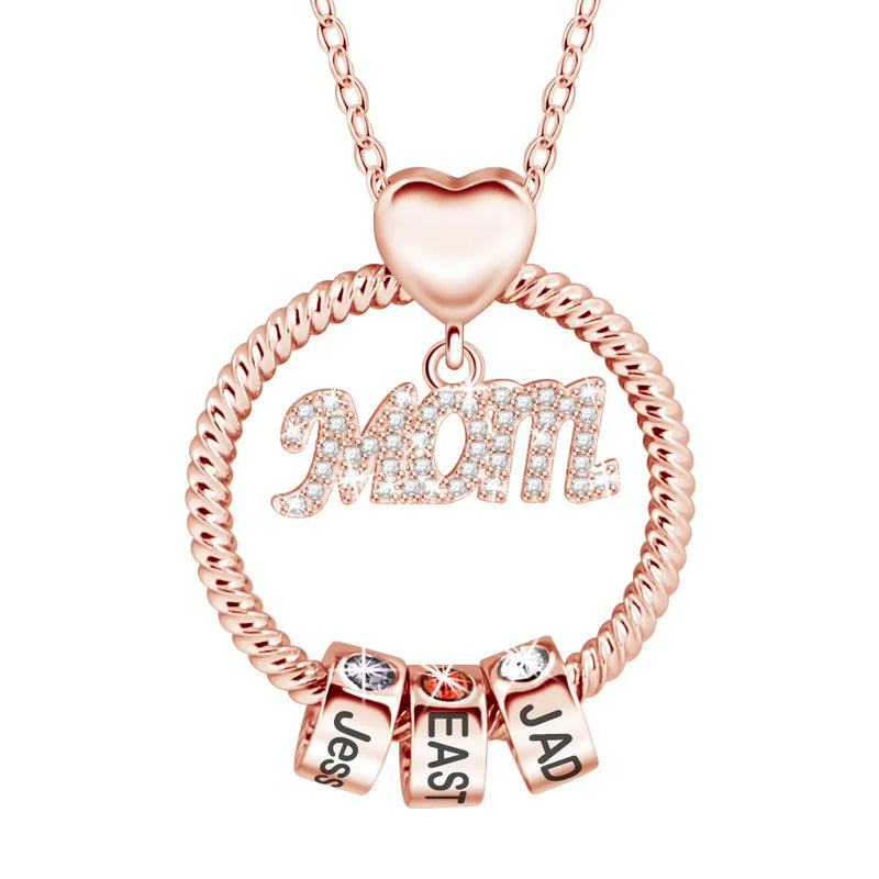 Mosaic Carved Name Diamond Mom Ring Bead Necklace