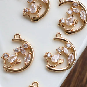 14K Gold Plated Zircon Moon Flower Charms for Jewelry Making