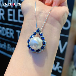 14mm Big Pearl Sapphire Lab Gemstone Pendant Necklace for Women