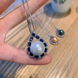 14mm Big Pearl Sapphire Lab Gemstone Pendant Necklace for Women