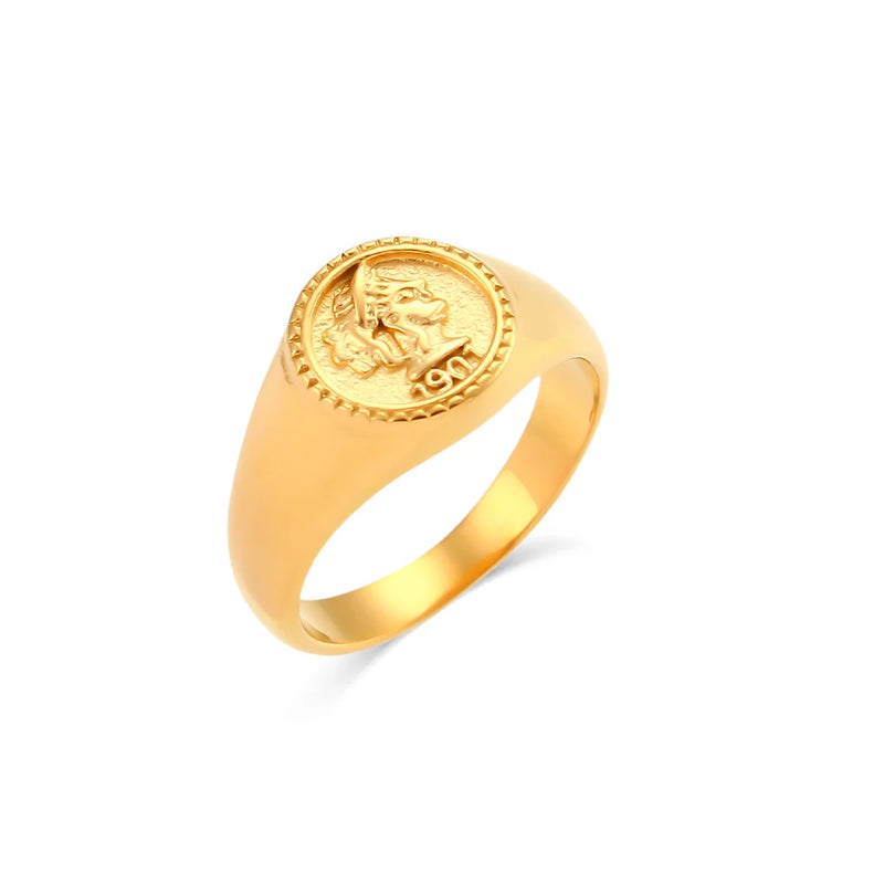 Retro Portrait Coin Ring Stainless Steel Waterproof Vintage Statement Ring