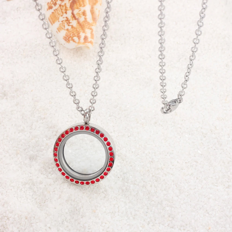 25mm Stainless Steel Red Crystal Locket Pendant Floating Women Jewelry