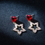 925 Silver Needle Earrings Red Heart-shaped Five-pointed Star Female Accessories