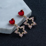925 Silver Needle Earrings Red Heart-shaped Five-pointed Star Female Accessories