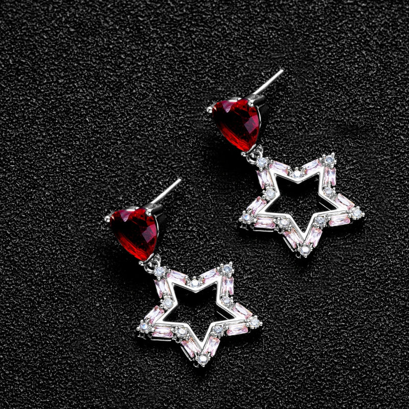 925 Silver Needle Earrings Red Heart-shaped Five-pointed Star Female Accessories