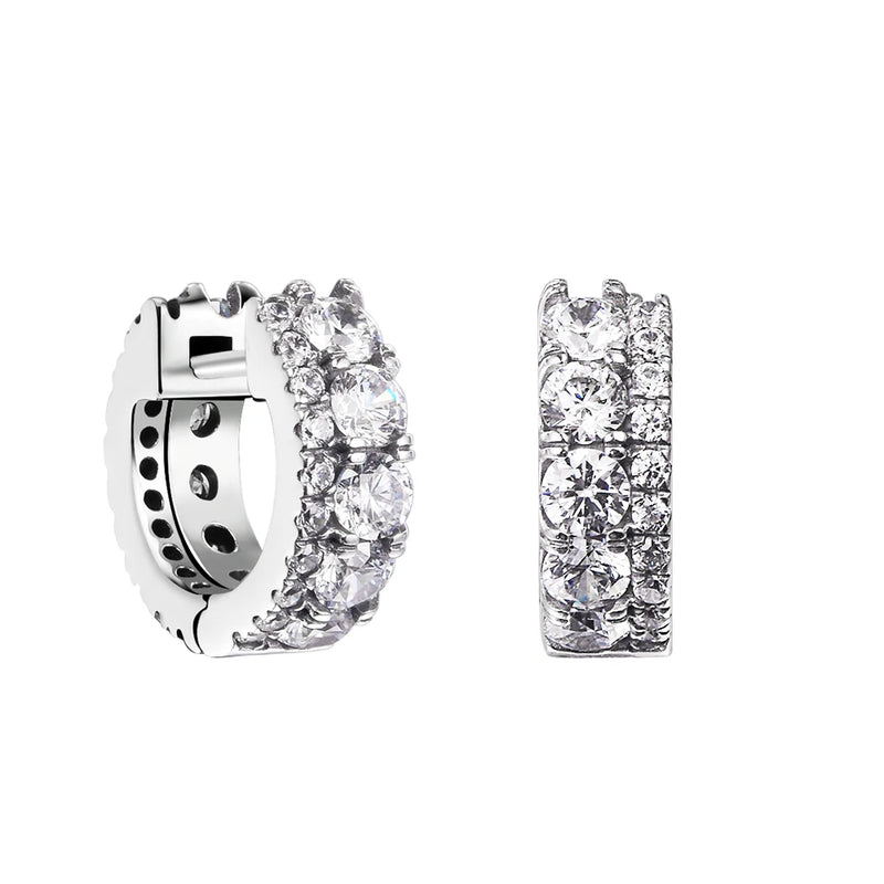 925 Silver Double Band Pave Hoop Earrings Clear CZ Brincos