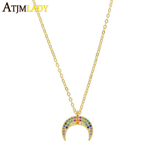 925 Silver Rainbow Cz Charm Necklace Moon Cross Thin Chain Women Pendant
