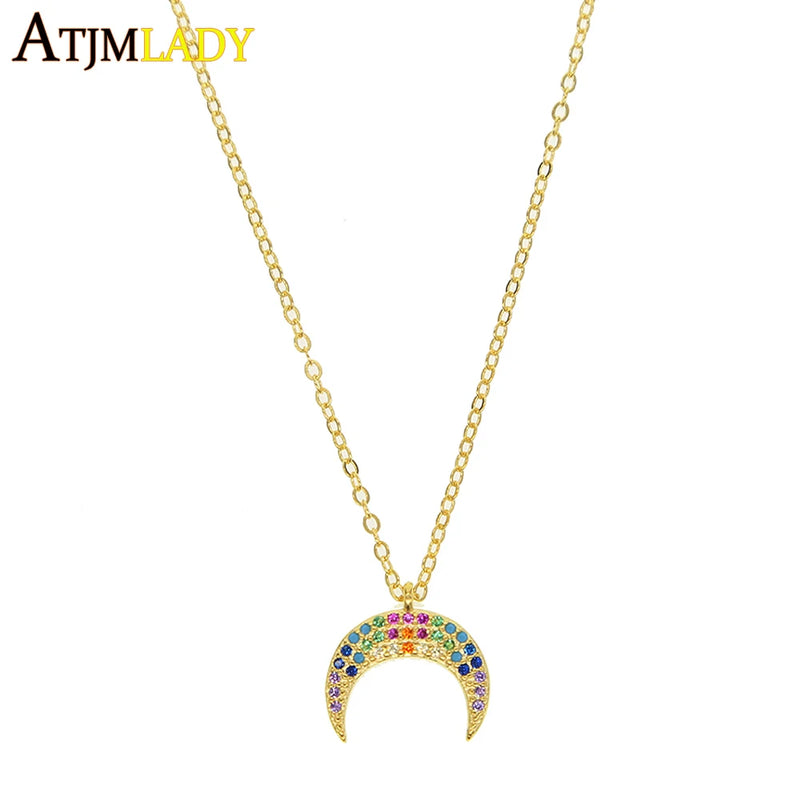 925 Silver Rainbow Cz Charm Necklace Moon Cross Thin Chain Women Pendant