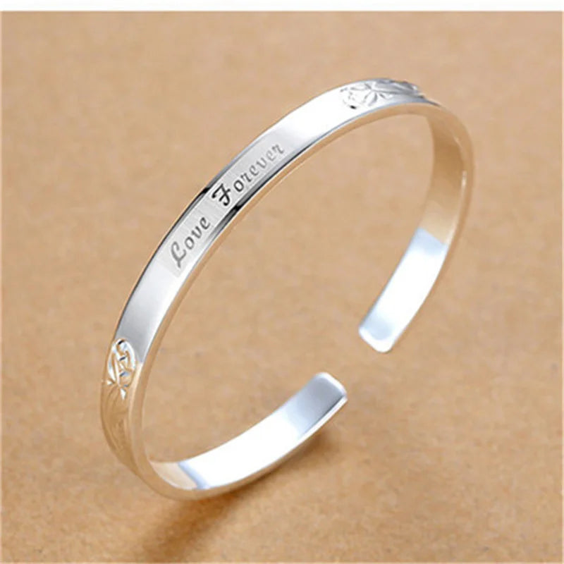 999 Silver Charm Bracelet for Men and Women, Forever Love Solid Open Bracelet