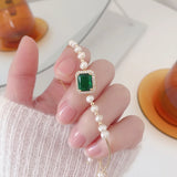 Green Zircon & Pearl Charm Bracelet - Elegant Women's Bangle