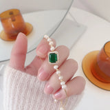 Green Zircon & Pearl Charm Bracelet - Elegant Women's Bangle