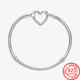 925 Sterling Silver Heart Closure Snake Chain Bracelet Charm