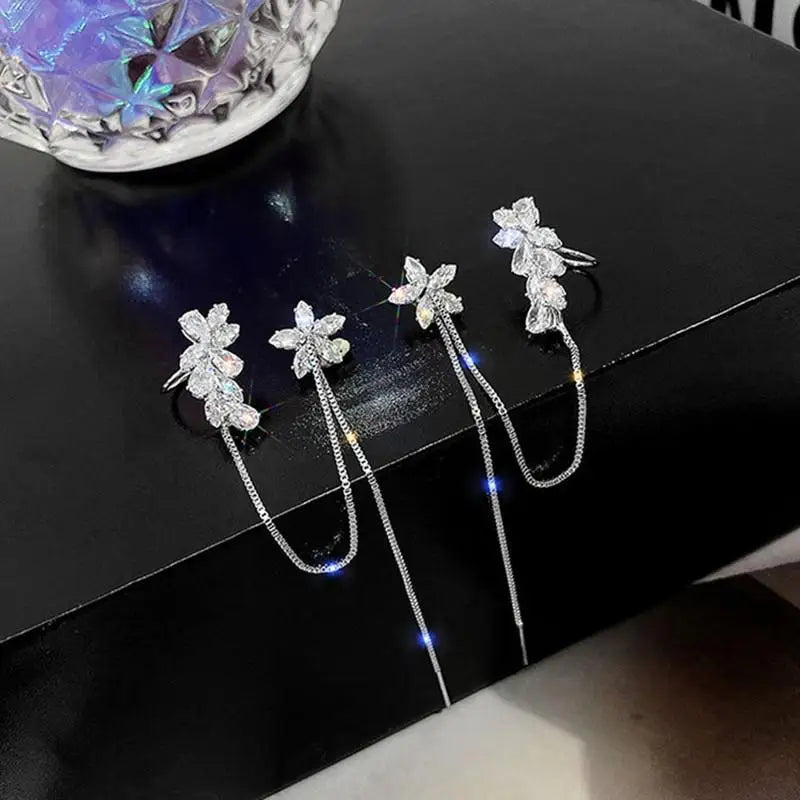 Senior Crystal Water Flower Tassel Earbone Clip Earrings