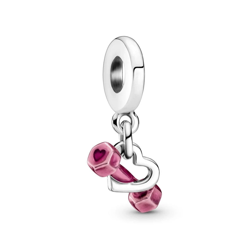 Autumn Charm 925 Silver Dumbbell Heart Dangle Charms Fit Bracelets
