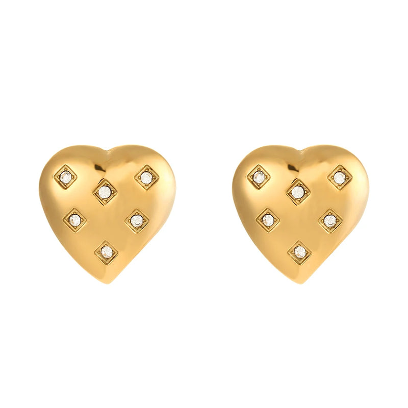 Heart Stud Earring CZ Stone Paved Stainless Steel 18K Plated Women's