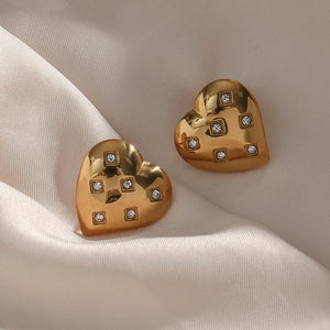 Heart Stud Earring CZ Stone Paved Stainless Steel 18K Plated Women's