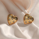 Heart Stud Earring CZ Stone Paved Stainless Steel 18K Plated Women's