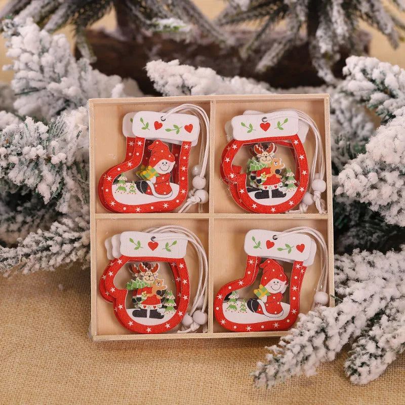 Christmas Pendant Keychain - Five-pointed Star & Snowflake Wooden Ornaments