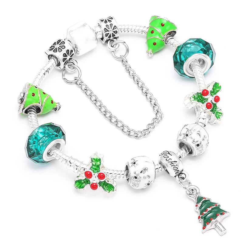 Xmas Tree Pendant Charm Bracelet with Silver Beads - Kids Women Xmas Jewelry