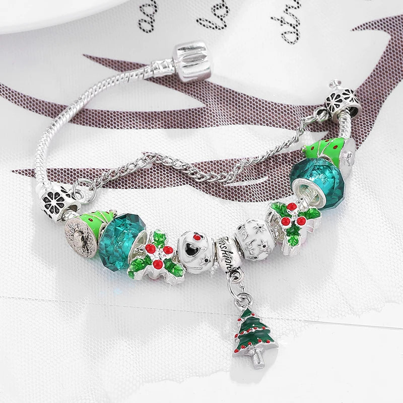 Xmas Tree Pendant Charm Bracelet with Silver Beads - Kids Women Xmas Jewelry