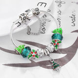 Xmas Tree Pendant Charm Bracelet with Silver Beads - Kids Women Xmas Jewelry