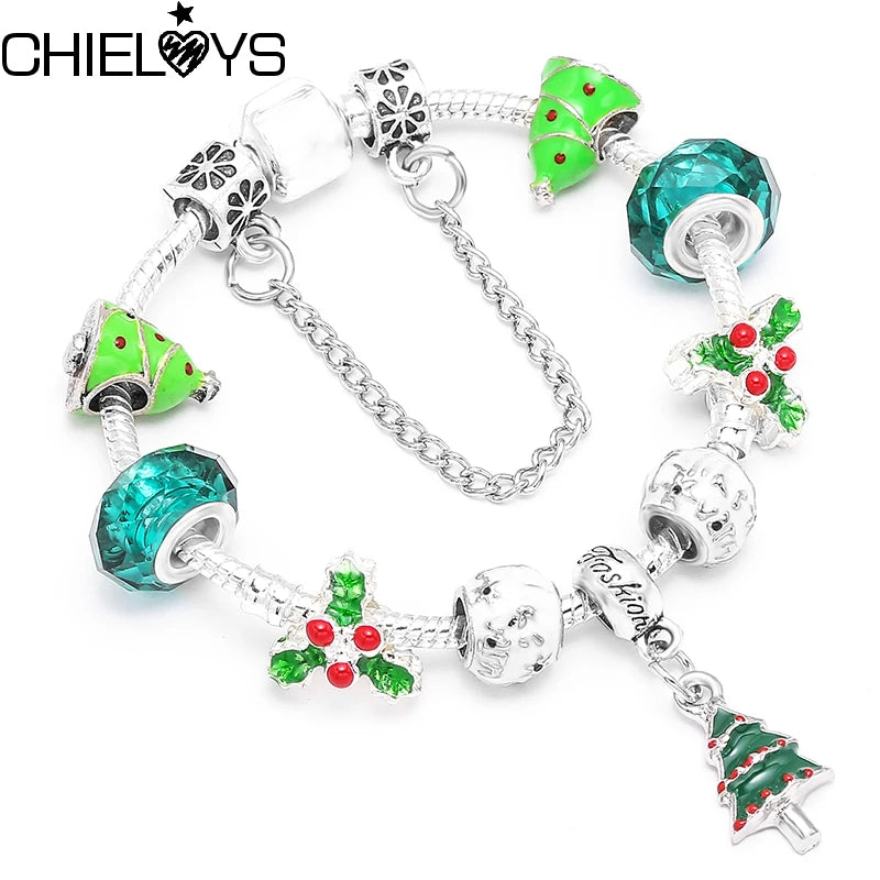 Xmas Tree Pendant Charm Bracelet with Silver Beads - Kids Women Xmas Jewelry