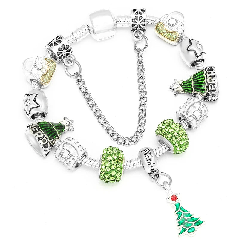 Xmas Tree Pendant Charm Bracelet with Silver Beads - Kids Women Xmas Jewelry