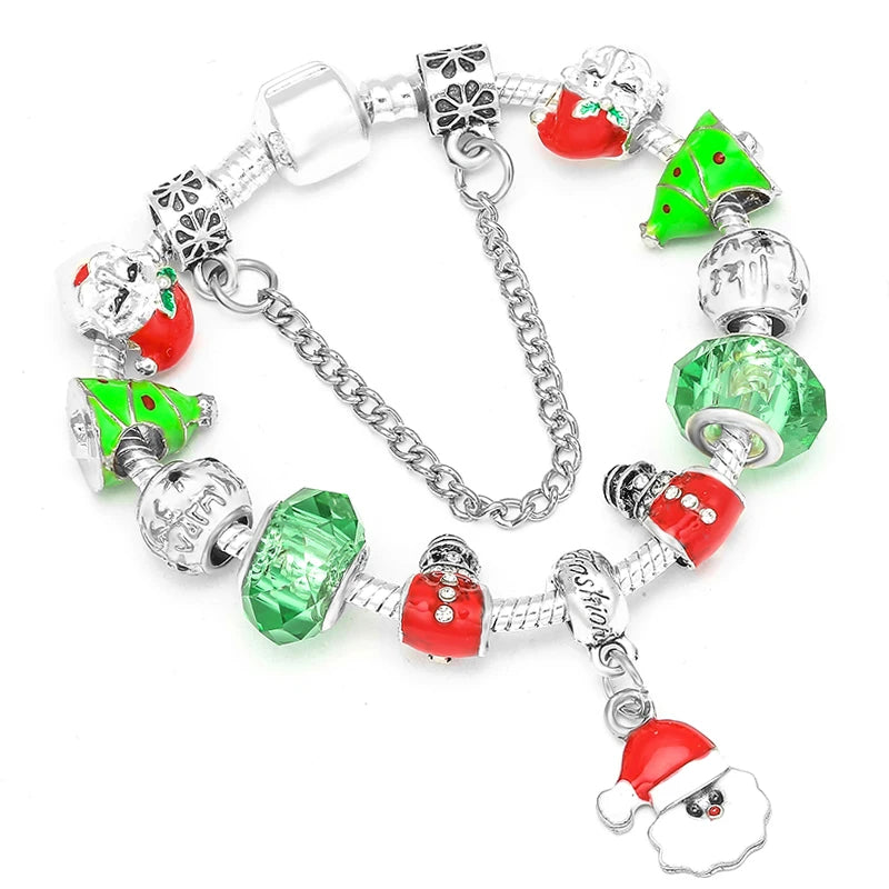Xmas Tree Pendant Charm Bracelet with Silver Beads - Kids Women Xmas Jewelry