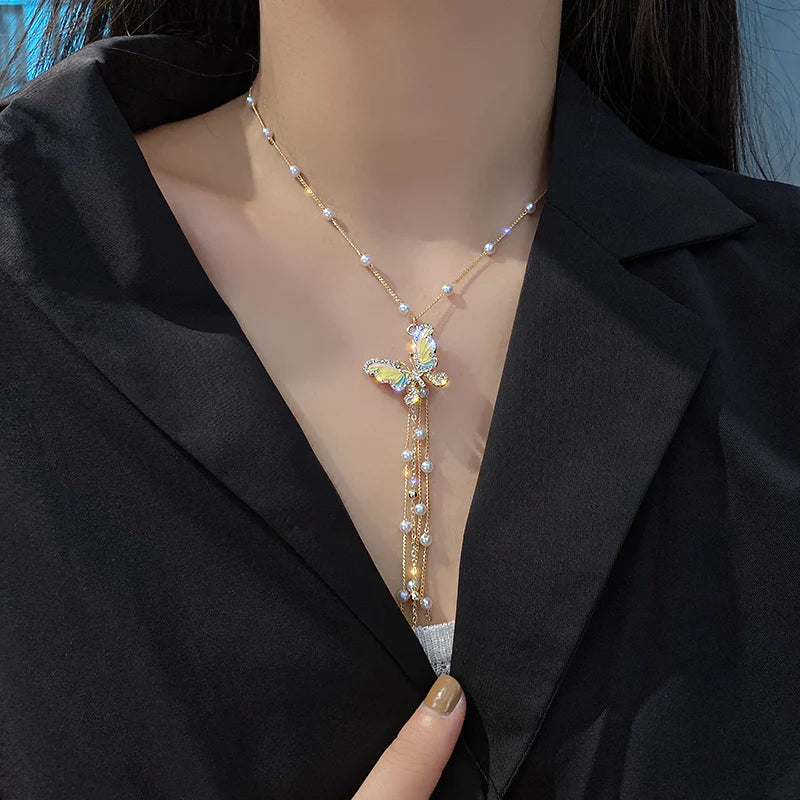 Breeze Pearl Tassel Pendant Butterfly Necklace Romantic Party Jewelry