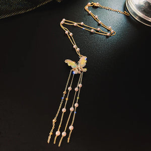 Breeze Pearl Tassel Pendant Butterfly Necklace Romantic Party Jewelry