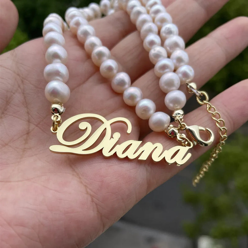 Pearl Necklace Stainless Steel Name Pendant Necklace Women Anniversary Gift