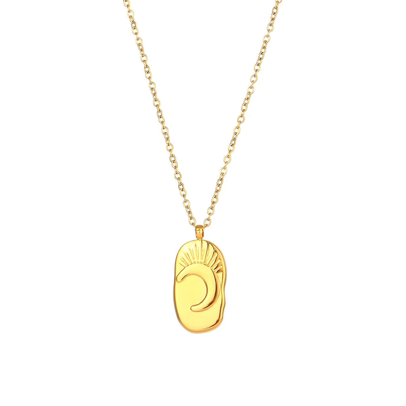 Delicate Small Oval Moon Star Pendant Necklace 18K Plated Stainless Steel