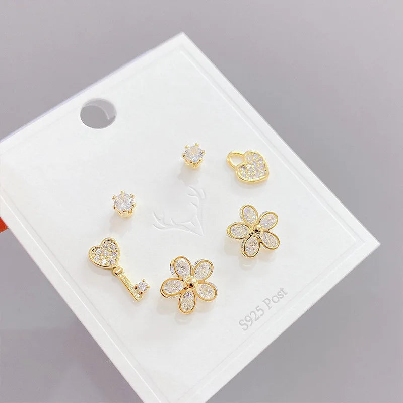 6 Pcs 14K Plated Flower Stud Earrings Jewelry Cubic Zircon Heart Key Earrings