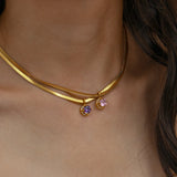 Herringbone Chain CZ Stone Pendant Necklace Stainless Steel