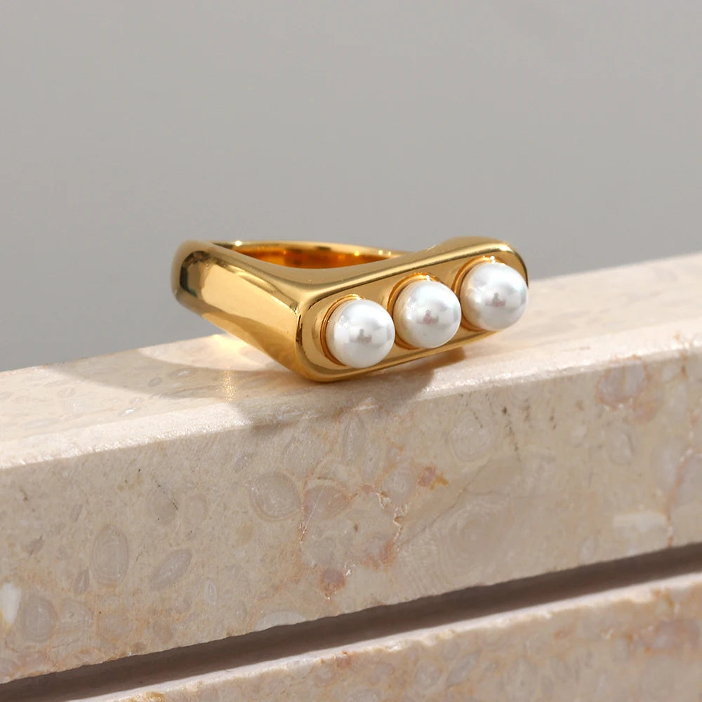 Geometric Stainless Steel Pearl Ring for Women