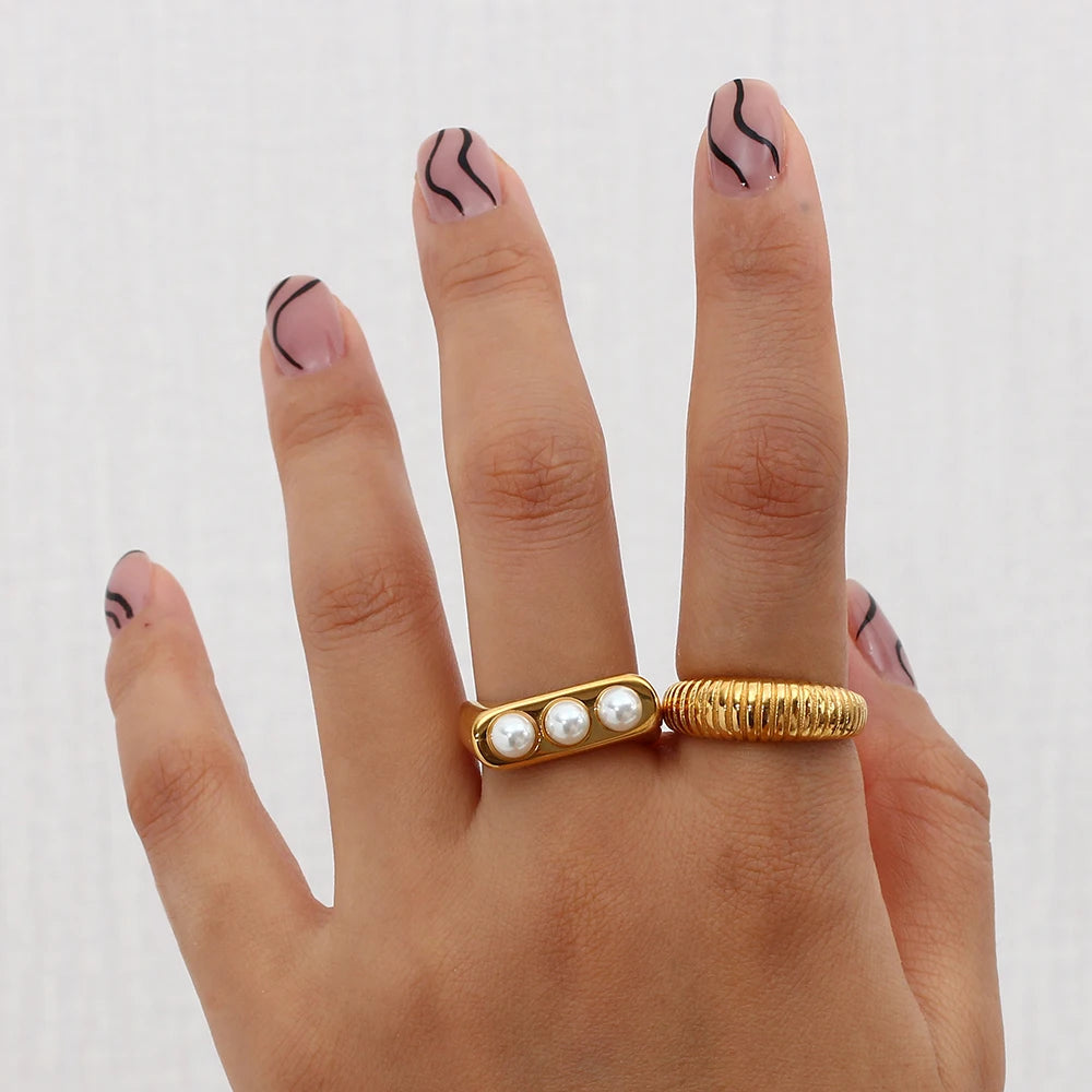Geometric Stainless Steel Pearl Ring for Women