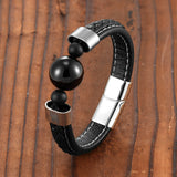 Men's Natural Agate Stone Sports Style Stainless Steel Leather Bracelet
