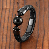 Men's Natural Agate Stone Sports Style Stainless Steel Leather Bracelet