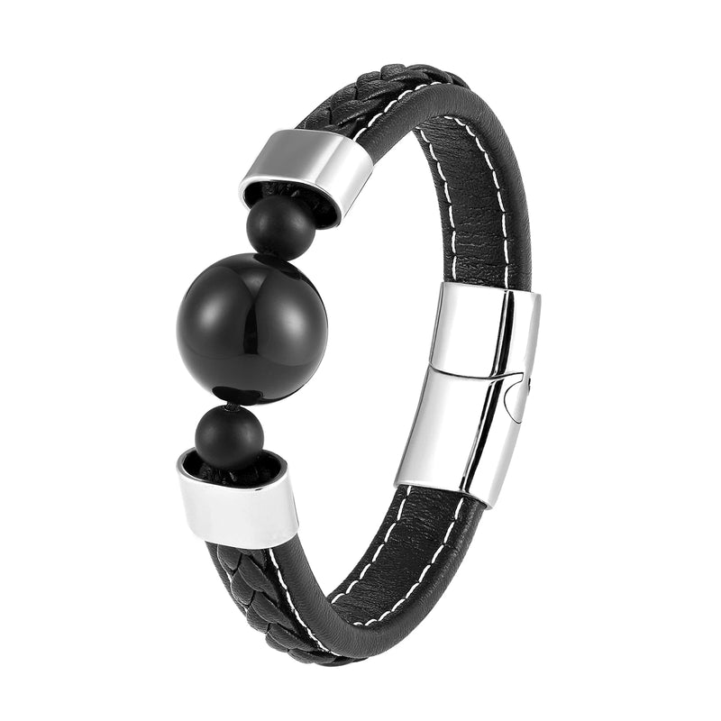 Men's Natural Agate Stone Sports Style Stainless Steel Leather Bracelet