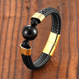Men's Natural Agate Stone Sports Style Stainless Steel Leather Bracelet