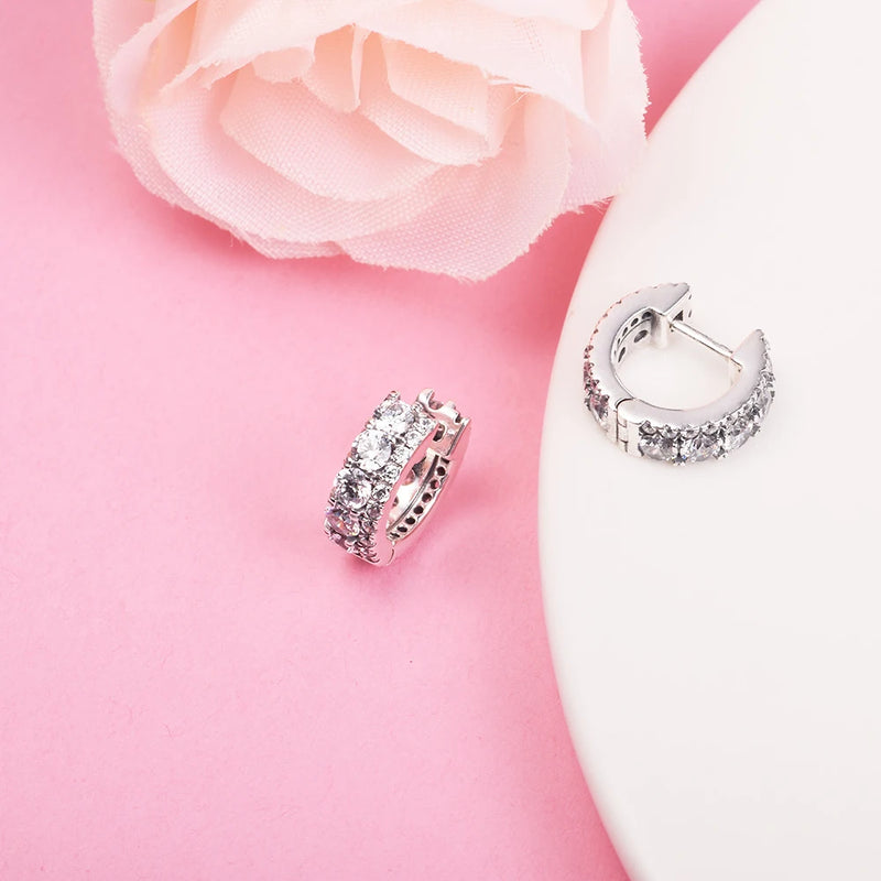 925 Silver Double Band Pave Hoop Earrings