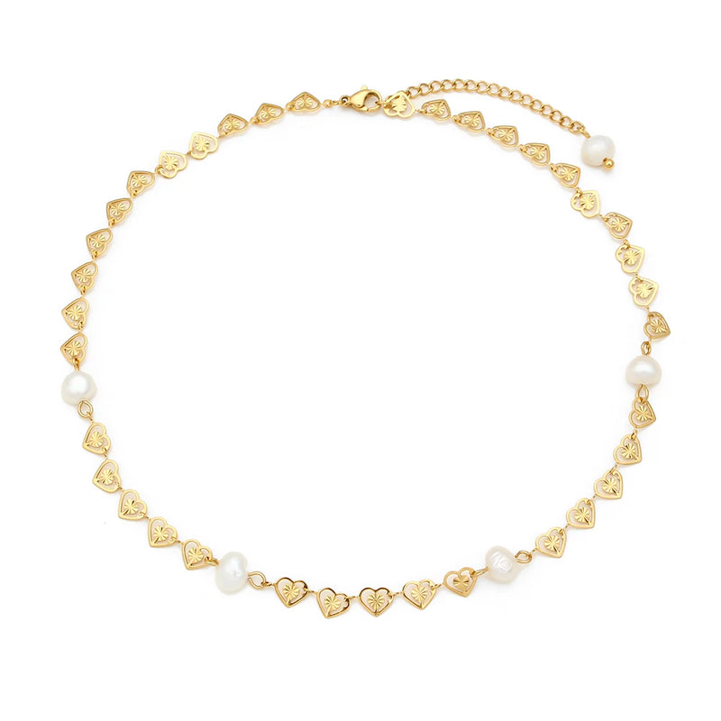 Bridal's Heart Pearl Choker Necklace Stainless Steel Plated Chain