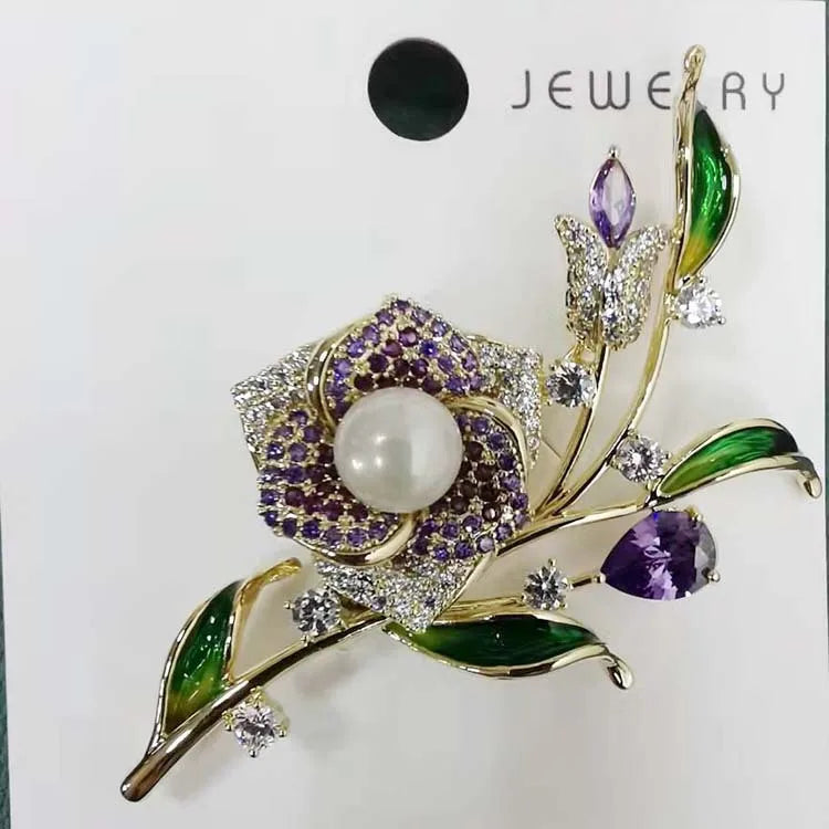Enamel Flower Brooch Pearl Camellia Pin Charm Brooch Summer Decoration
