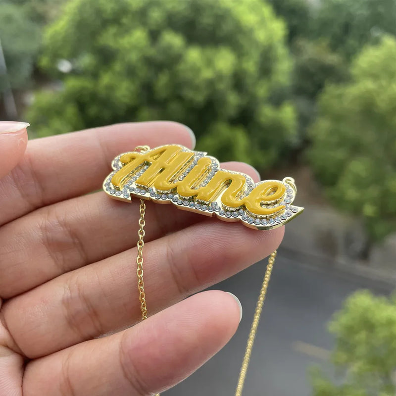 Enamel Name Necklace Women Personalized Name Necklace Rhinestone Pendant