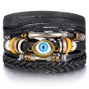 3 Pcs Set Multi-Layer Leather Bracelet Eyes Charm Wristband Jewelry