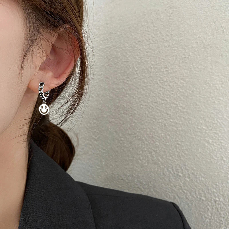 925 Silver Smiling Face Earrings Vintage Round Pendant for Women Party Jewelry