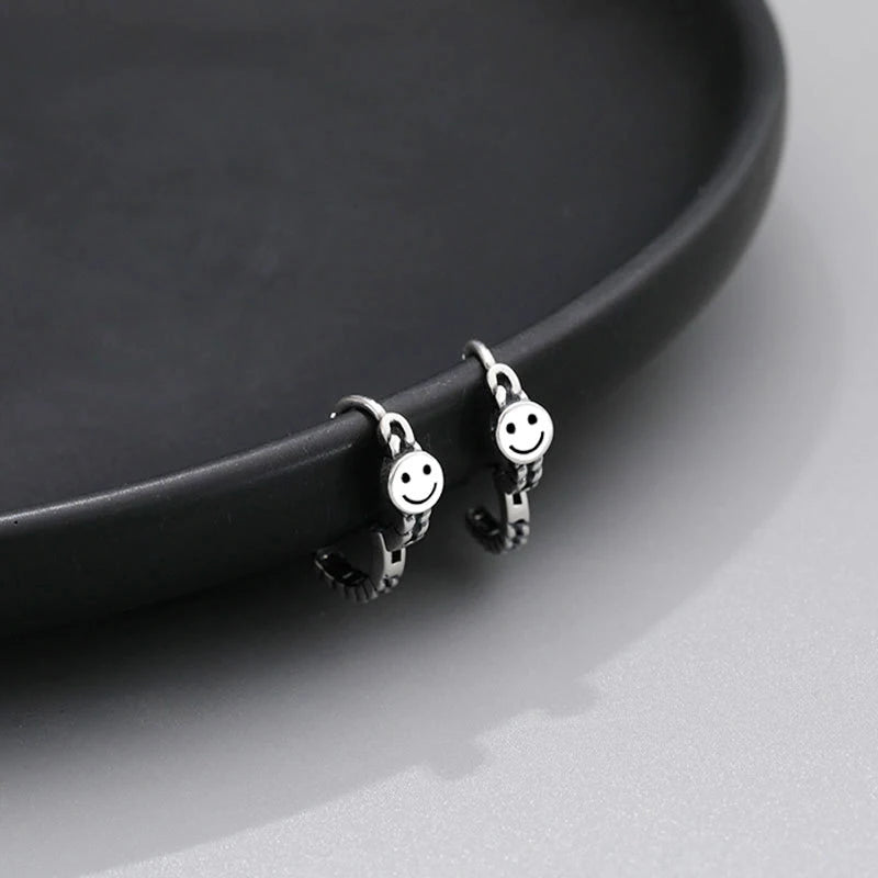 925 Silver Smiling Face Earrings Vintage Round Pendant for Women Party Jewelry