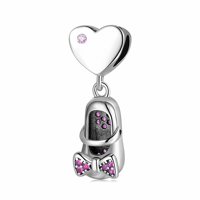 925 Sterling Silver Pink Bow Slippers Pendant Bead for Bracelet