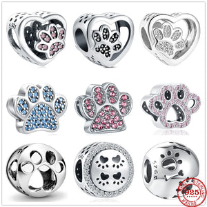 Silver 925 Pink Dog Cat Paw Charm Bead Pendant for Bracelets DIY Jewelry